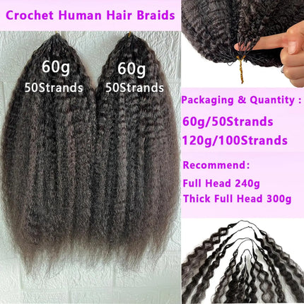 Kinky Straight Feather Crochet Human Hair Extension Yaki Wave Pre Separated Knotless Crochet Hair Micro Bundles With Loop