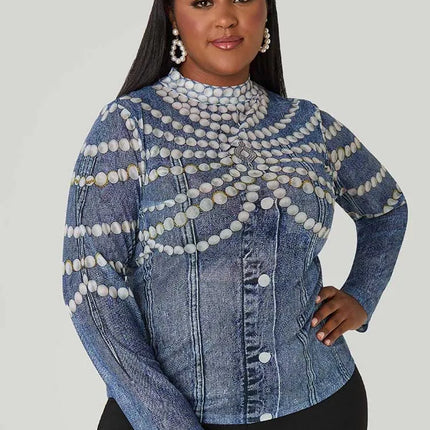 Tops Plus Size Woman Autumn Cute Long Sleeve Top Beads Printed Round Neck High Waist Shirts and Blouses Wholesale Dropshipping