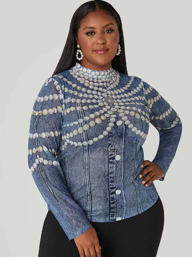 Tops Plus Size Woman Autumn Cute Long Sleeve Top Beads Printed Round Neck High Waist Shirts and Blouses Wholesale Dropshipping