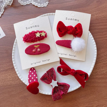 Korean Wine Red Velvet Children's Hair Clips Stylish Versatile Fabric Bow Broken Bangs Clips New Year Christmas Girls' Hairpins