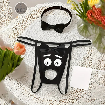 Sexy Bow Crotchless Thong Men's Hollow Lingerie Panties with Bow Collar Set Tuxedo Waiter Server G-String Costume Cosplay Outfit