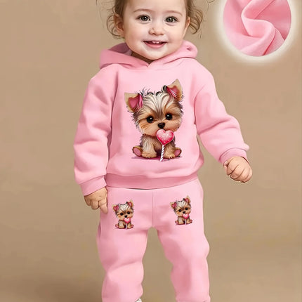 A cute dog pattern printed fleece hoodie and pants set for baby girls in autumn and winter for newborns