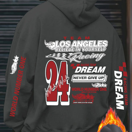 Los Angeles Racing "Never Give Up" Print Men Women Hooded Sweatshirt Autumn Winter Daily Outdoor Fitness Casual Loose Sportswear