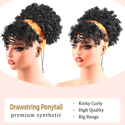 Drawstring Ponytail for Black Women, Afro Puff Kinky Curly Synthetic Hair Ponytail with Bangs Updo Natural Hair Ponytail