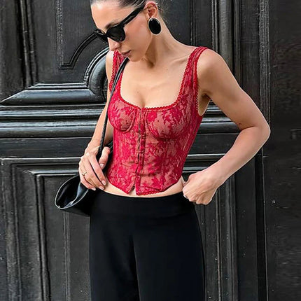 Women's Lace Corset Top Sexy Square Neck Sleeveless Slim Fit Mini Vest 2026 Spring Summer Female Casual Daily Party Fashion Tops