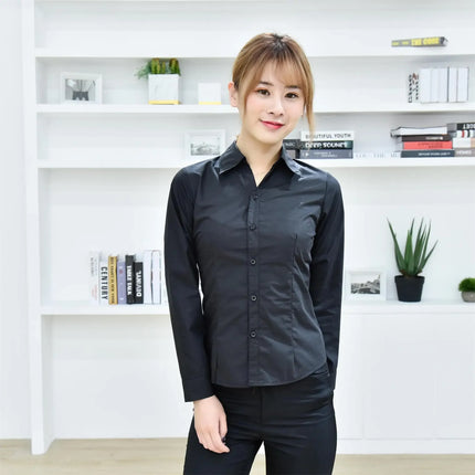 Black Long Sleeve Women's Shirt Professional Formal V-neck Workwear Slim Fit Cotton Work Uniform Button-up Casual Shirt