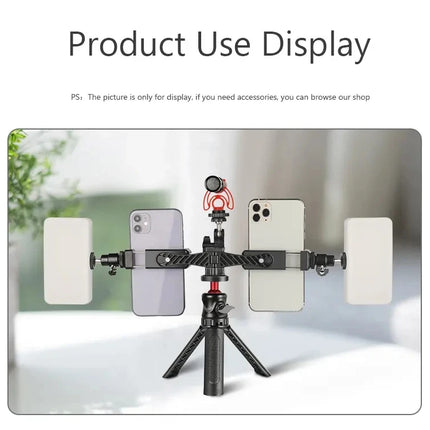 360° Rotatable Dual Cell Phone Holder Clip Clamp 4 Cold Shoe, 1/4'' Screw Tripod Monopod Selfie Stick Vlog Live Streaming Video