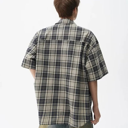 Summer High Street Fashion Plaid Short Sleeve Shirts Men's Pocket Appliques Baggy T Shirt 2026 New Y2K Vintage Luxury Blouse