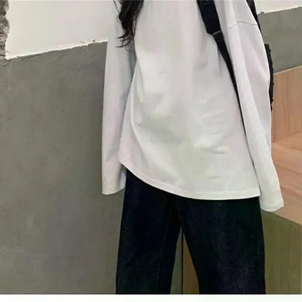 Harajuku Long T-Shirt Spring Autumn Solid Simple Oversized T-shirt for Women Goth T-shirts Split White Black Long Sleeve Tops