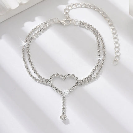 Shiny Bling Heart Drop Tassel Charm Double Layer Anklet Women Beach Foot Chain Vacation Jewelry Summer