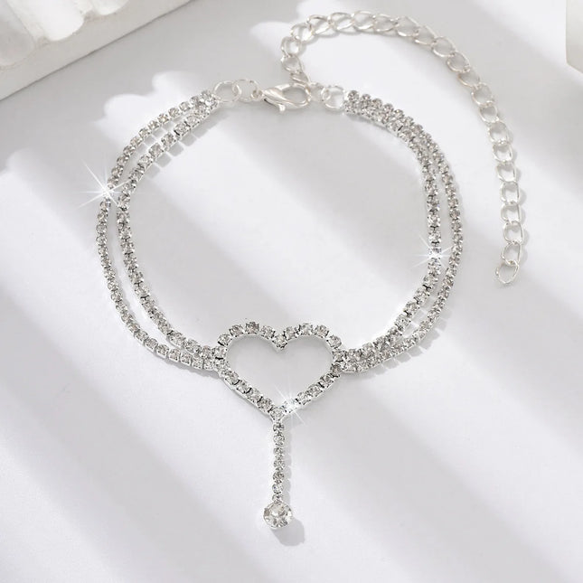 Shiny Bling Heart Drop Tassel Charm Double Layer Anklet Women Beach Foot Chain Vacation Jewelry Summer