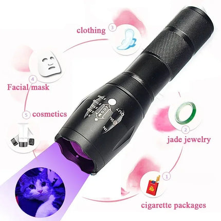 2 IN 1 UV Flashlight Purple White Dual Light 395nm Ultraviolet Torch Zoom Flashlight Detection Lighting Lamp for Pet Stains