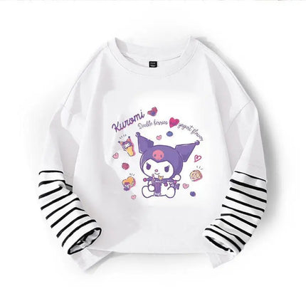 Autumn Baby Girls 100% Cotton Clothes Top Kid Sanrio Cinnamoroll Printed Long Sleeve T-shirts Children Stripe Patchwork Pullover