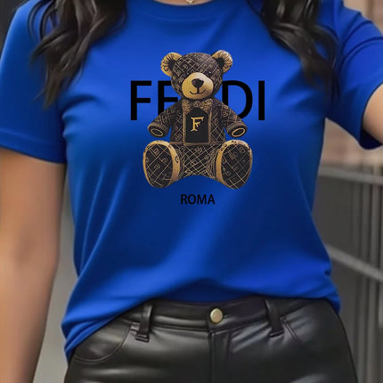 summer Graphic T-Shirt Short Sleeve Crew Neck with Soft Comfortable Spring Women's Light Blue Casual Teddy Bear