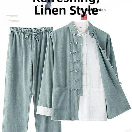 Men's Spring Summer Chinese Style Cotton Linen Long Sleeve Two-Piece Set Traditional Clothing Loose Fit Square Collar Shirt