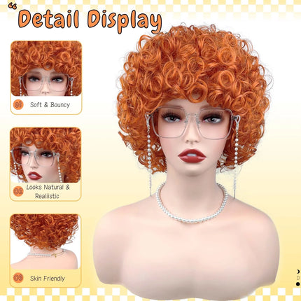 Adult Short Orange and Silver-Gray Curly Wig, Soft and Breathable, Heat-resistant Synthetic Fiber, Suitable for Daily Wear