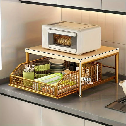 2-Tier Kitchen Countertop Storage Rack - with Drawers + Mesh Baskets Sturdy Solid Wood + Metal Material Space Saving Fits Coffee