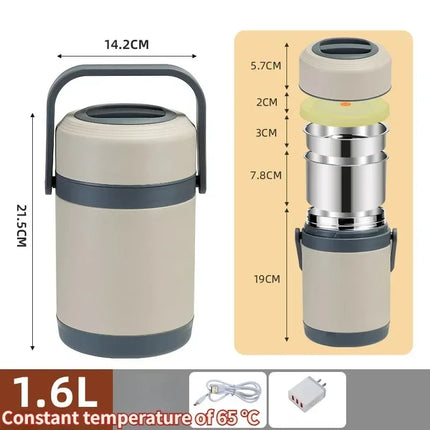 220V USB Rechargeable Heated Warm Lunch Box Stainless Steel Food Warmer Container Constant 65℃ Thermal Office Bento Lunch Box