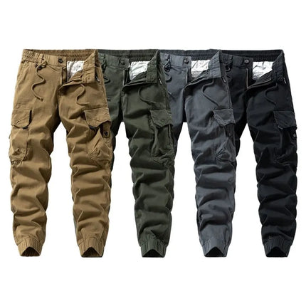 Men Tactical Cargo Joggers Multi Button Pocket Drawstring Waist Pants Vintage Military Outdoor Work Streetwear Casual Trousers