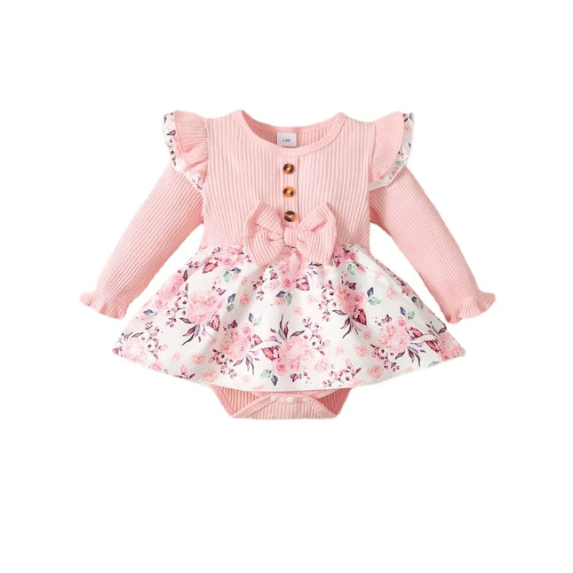 2PCS  Baby Girl Princess Romper Dress Long Sleeved Lovely Ribbed Floral Jumpsuit with Headband for Newborn Baby Girl 0-18 Months