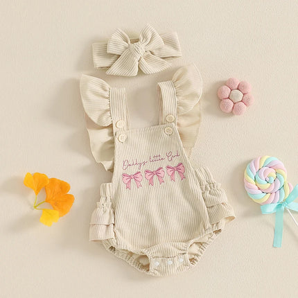 Pudcoco Infant Newborn Baby Girls Summer Romper Flying Sleeve Letter Bow Embroidery Romper with Headband 0-18M