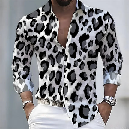 New Men's Leopard Print Long-Sleeved Shirt, Trendy Retro Slim-Fit Turn-Down Collar Casual and Stylish Men's Shirt, Sizes S-6XL.
