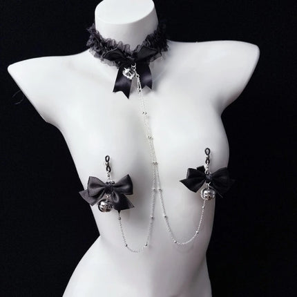 Black Lace Nipple Clamps Bell-Adorned Bow Collar SM Set Leash Training Sexy Accessories for Women Fetish Adult Sex Toys 18+