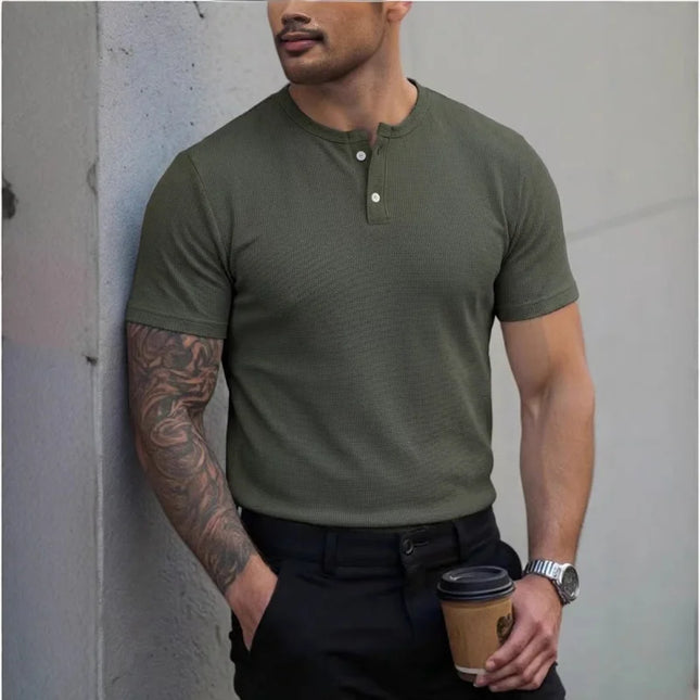 Men's polo shirt with Henley collar, short-sleeved T-shirt, summer casual button-down placket street style base layer, S-3XL.