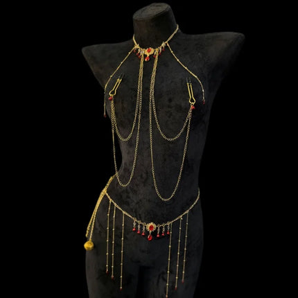 Red Gem Nipple Clamps Body Chain Integrated Sensual Body Restraint Sexy Accessories Breast Clips Bell Pendants Adult Sex Toys