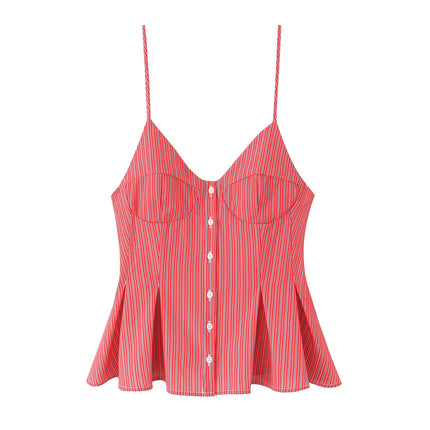 DUOPERI Women 2025 New Fashion Poplin Striped Backless Camisole Thin Straps V-Neck Female Chic Lady Casual Mujer Tops