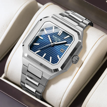 NIBOSI Luxury Square Fashion Men's Wristwatch Waterproof Luminous Date Week Quartz Men's Watches Stainless Steel Men's Watch Reloj