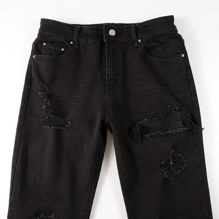 High Street 2025 Korean Luxury Clothing Brand Black Jeans Men's Scratched Patch Beggar Cowboy Elastic Slim Small Foot Pants