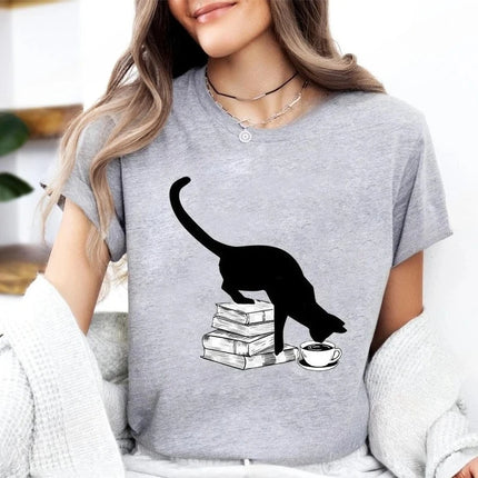 Cat Reading Design T-shirt, Women's and Girls' Sizes, A Perfect Gift for Book Lovers and Cat Owners - A Summer Book-themed T-shirt