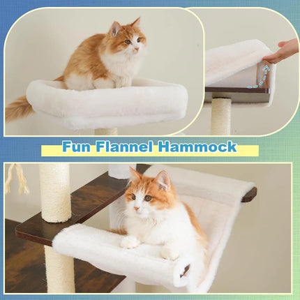 69.7" Wooden Cat Tree with Large Platforms, Hammocks, Condo, Scratching Posts, Ladder, Brush, Waterproof, Rustic Brown