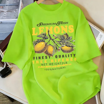 Lemons Fruits Premium Fresh Printing T Shirt Woman Loose Cotton Sportswear O-Neck Casual T Shirts Loose All-Match Short Sleeve