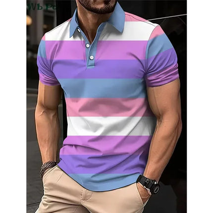 Striped Printed Men's Shirt, Men's Polo Street Men's Clothing, Loose Men's Polo Shirt