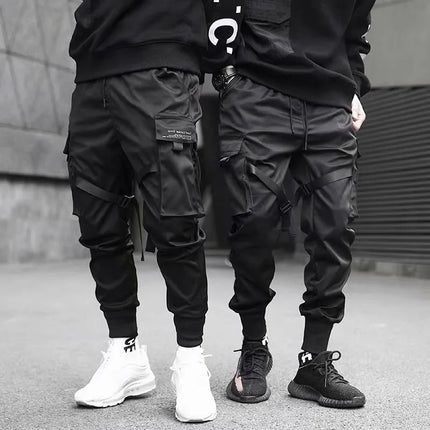 2025 Men's Multi Pocket Bandage Tactical Technical Clothing Work Pants Men's Harajuku Punk Hip Hop Running Pants Casual Street W