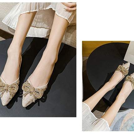 Women Flat Elegant Fashion Women Flat Fashion Ballet Shoes Ladies Bling Crystal Bow Tie Pointed Toe Flats Shoes Zapatos De Mujer