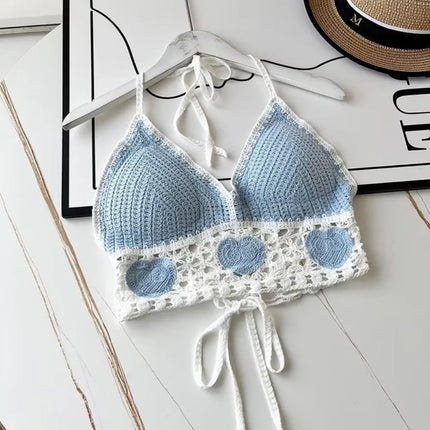 National Style Women's Swimwear Top with Chest Pads Bohemian Beach Wear Outfit Crochet Halter Neck Summer Sling Beach Vacation