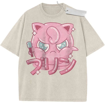 T Shirt Sports T Shirt Short Sleeve T Shirt Rose Red Unisex Pure Cotton Washed Vintage Pokemon Jigglypuff Anime Print