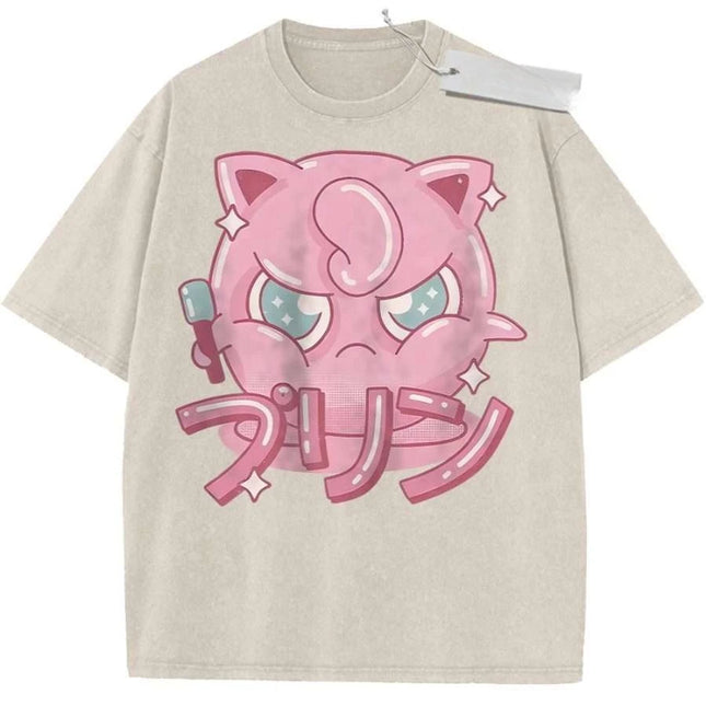 T-Shirt Sports T-Shirt Short Sleeve T-Shirt Rose Red Unisex Pure Cotton Washed Vintage Pokemon Jigglypuff Anime Print