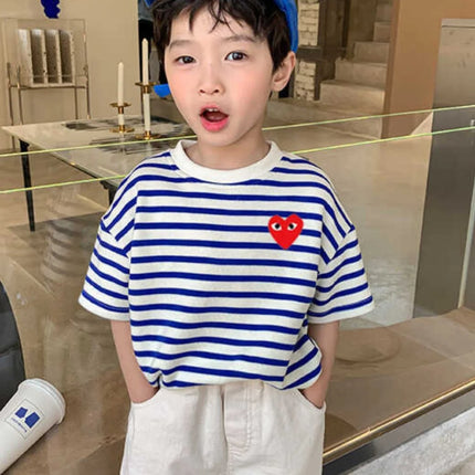 Summer Children's Cotton T-Shirt, Striped Round Neck, Short Sleeve, Kids' Top, Trendy Little Girl, Casual Cartoon Print, Sweat-Absorbing...