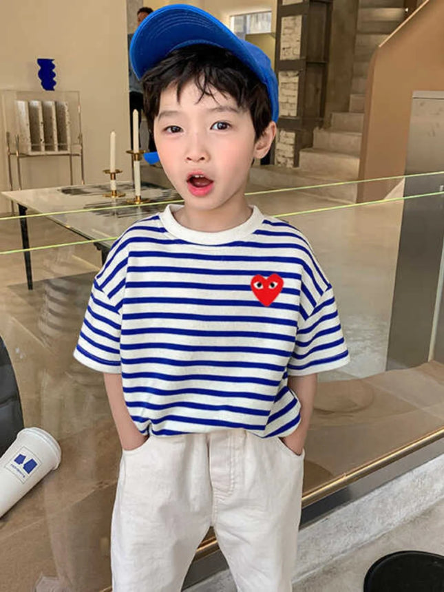 Summer Children's Cotton T-irt Striped round Ne ort Sve Kids' Top Trendy Little Girl Casual Cartoon Print Sweat Abso...