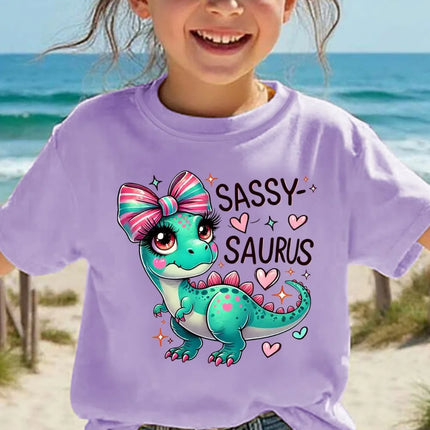 Girls' Kawaii Cartoon Dinosaur Graphic T-Shirt Cute Pink Bow Hearts Print T-Shirt Kids Short Sleeve Tee Y2k Children's Clothing