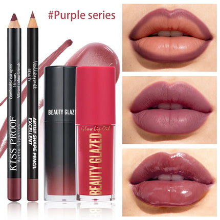 4Pcs/Set Velvet Lip Combo Set Matte Lip Liner Lipstick Lip Oil Nude Lip Gloss Long-lasting Waterproof Lip Look Lip Makeup