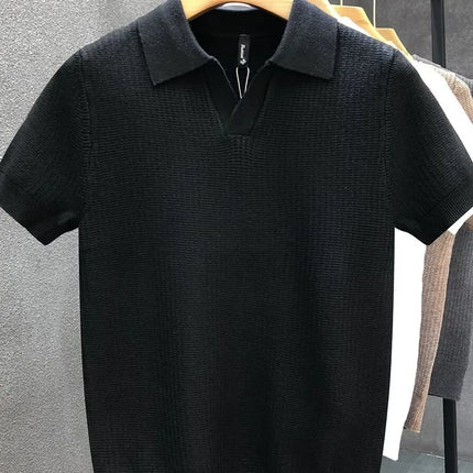 Men's Polo Neck Short Sleeve Knitted Sweater Slim Fit Summer Fashion Turn-down Collar Base Shirt Casual Style Pure Color