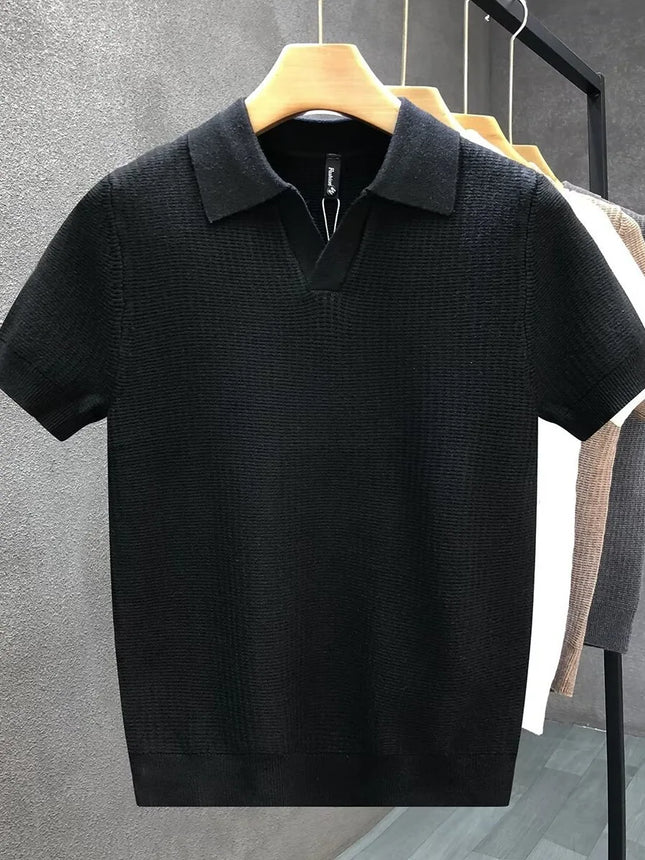 Men's Polo Neck Short Sleeve Knitted Sweater Slim Fit Summer Fashion Turn-down Collar Base Shirt Casual Style Pure Color