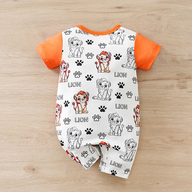 2025 Newborn 0-18 Months Boys and Girls Baby Short-Sleeve Romper Cute Lion Print with Faux Two-Piece Design Baby Clothes Summer