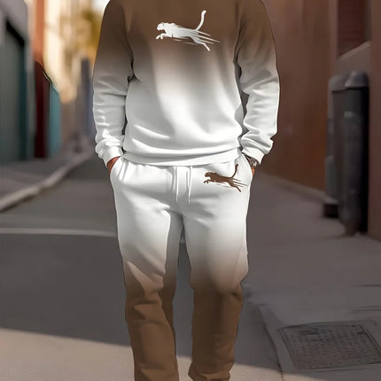 Autumn Casual Men's Long-Sleeve Set Trendy Gradient Print Outdoor Crew Neck Long-Sleeve Top & Casual Pants Two-Piece Set