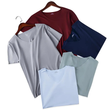 4Pcs Summer Ice Silk Men T-Shirt Vest Men's No Trace Sports Short Sleeve T-shirt Solid V-neck Tees Quick Dry Shirt Tops Fitness